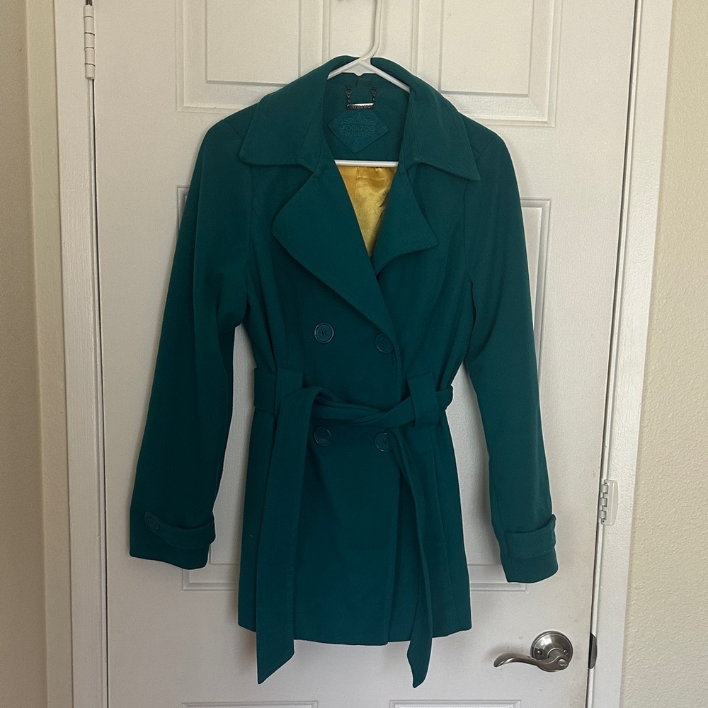 Jou Jou Teal Double-Breasted Trench Coat with Belt